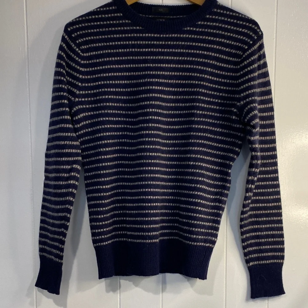 J. Crew Crewneck Sweater Merino Wool Navy and White Stripe Size Medium Small